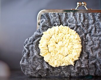 Fiber Art Clutch Purse Nuno Felted Charcoal Gray Yellow Mimosa Puckered OOAK dark neutral pastel