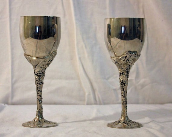 2 Godinger Silver Wine Goblets with Grape Vine Design