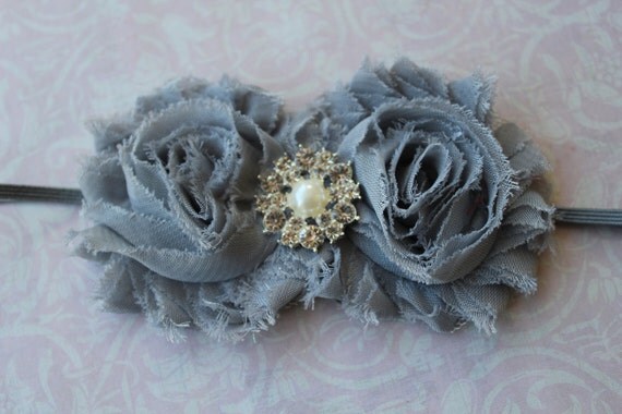 Gray baby headband, baby headbands, grey flower headband, shabby chic headband, headbands, baby girl headband, baby hairbows, baby hair bows by ThinkPinkBows