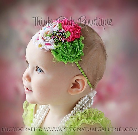 Green pink and dots baby headband, baby headbands, Baby girl headband, newborn headband, flower headband,toddler headband, Baby hair bows. by ThinkPinkBows