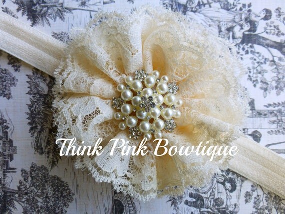 Lace Headband, Headband, flower headband, baby headband, shabby chic roses headband by ThinkPinkBows