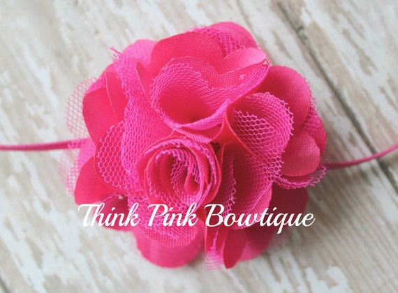 Hot pink Headband, baby headband, flower headband, headband, shabby chic roses headband by ThinkPinkBows