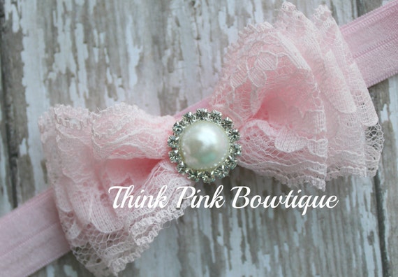 Lace headband, Baby headband, vintage headband, shabby chic roses headband by ThinkPinkBows