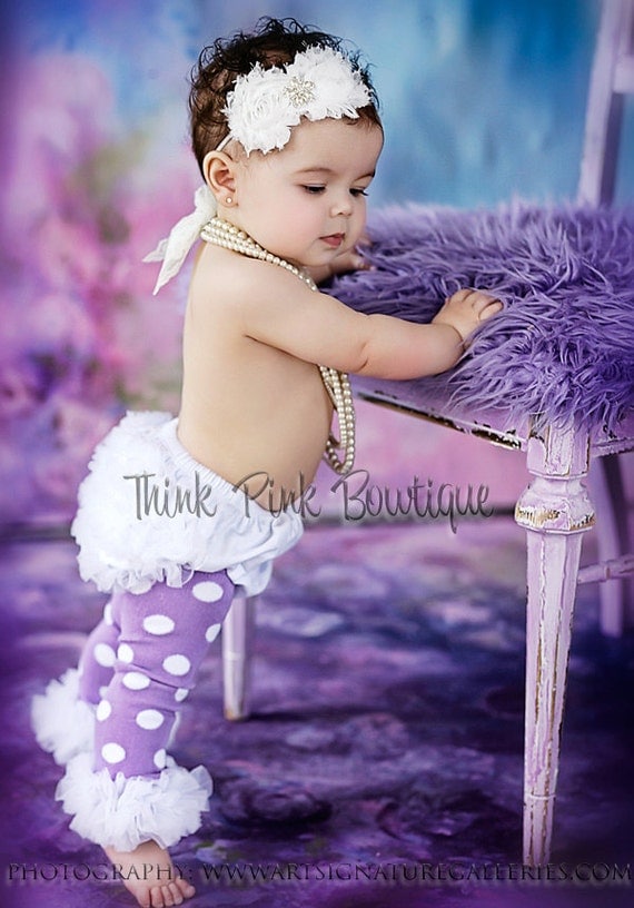 purple with white polka dots ruffled baby and toddler leg warmers by ThinkPinkBows