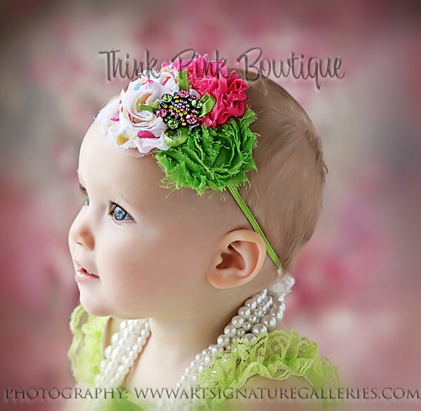 835 New baby headbands 560 Green pink and dots baby headband baby headbands by ThinkPinkBows 