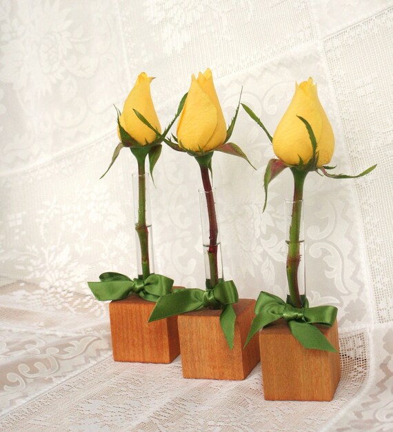 Bud Vases Set of Three. Wood cubes with test tubes and green