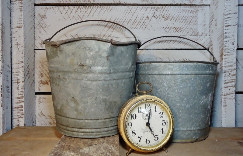 Vintage Galvanized Wash Buckets with Handles Set of 2