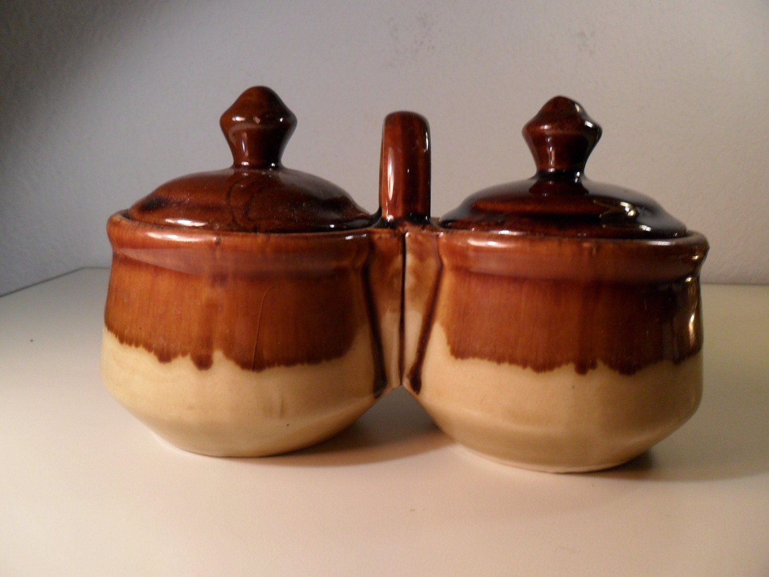 Brown and Tan Stoneware Double Condiment Bowl by oldbittersweet