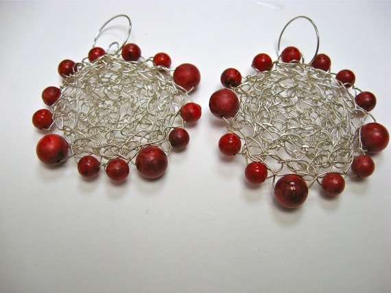 Silver Wire Crochet Earrings With Cheery Cherry Beads