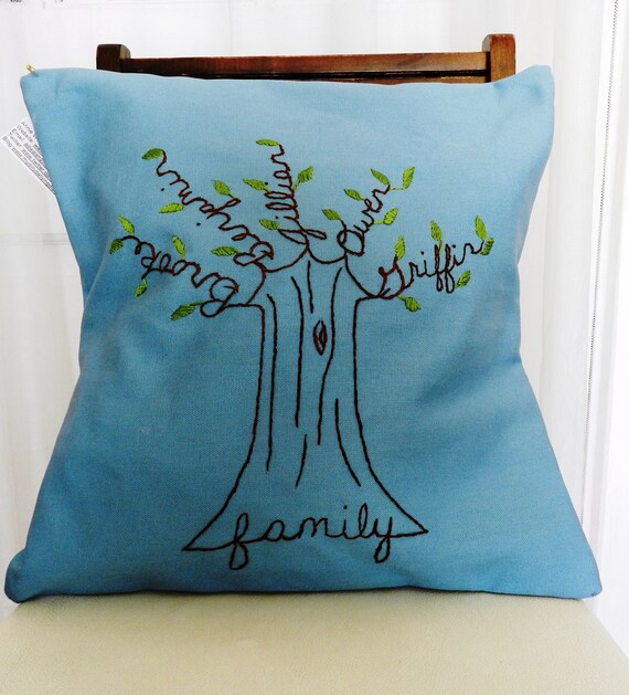 Personalized Family Tree Pillow Cover. Mothers Day. Hand Embroidery