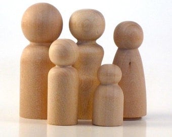 Wooden Peg Dolls - Unfinished Peg People - Family of Five - Paint Your Own Waldorf Wood Dolls