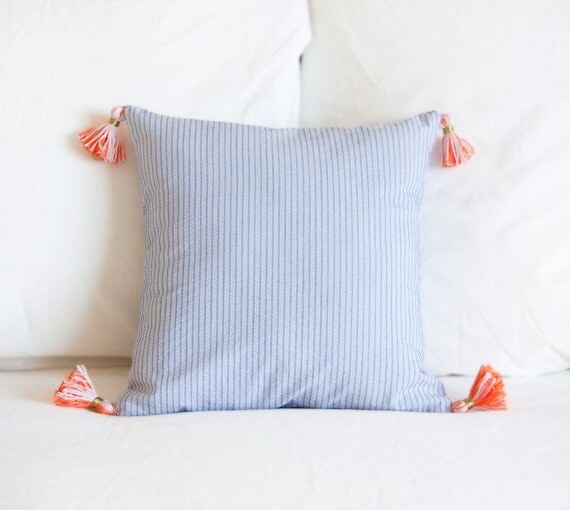 Navy and Coral Tassel Pillow 12x12 inches