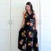 SALE - Vintage 70s Halter Dress, Black Floral Maxi Long Dress, Backless Polyester Disco Dress, size Medium