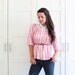 SALE - Vintage Peter Pan Collar Womens Blouse, Pink Striped Blouse with White Lace Collar, Candy Stripe Button Up Blouse, size Medium Large