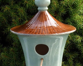 Hanging Ceramic Bird House - French Blue with Espresso Brown Roof