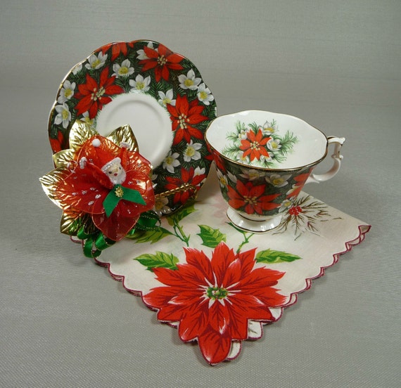 Vintage Christmas Tea Cup & Saucer Red Poinsettias Royal
