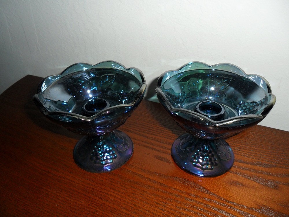 Vintage Blue Carnival Glass Candle Holders