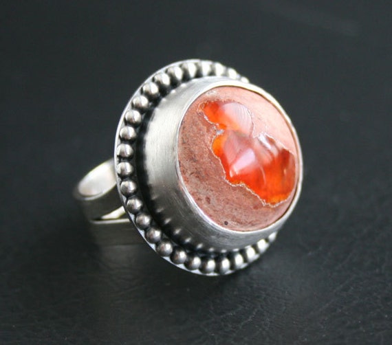 Fire Opal Ring Sterling Silver and Mexican Fire Opal