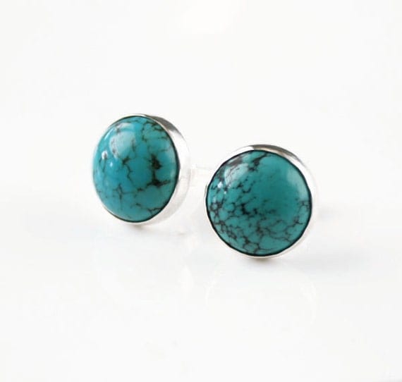 Turquoise Stud Earrings Sterling Silver Button by CoriluDesigns