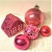 Christmas, Pink, Ornaments, Mercury Glass, House, Mica Glitter, Vintage,Poland, Japan, USA, Collection of 5, 1950s, 1960s