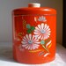 Ransburg, Red, Canister, Flowers, Flour Canister, Farmhouse, Covered Tin, Hand painted, Vintage, Kitchen, 1950s,1960s, 7 1/2" tall