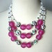 Hot Pink Chunky Statement Necklace, Triple Strand, Big Bold, White Semiprecious Crackle Agate