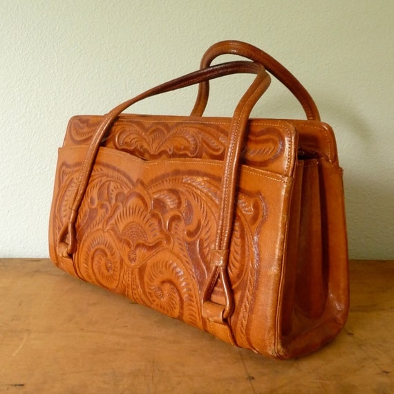 vintage hand tooled leather handbag