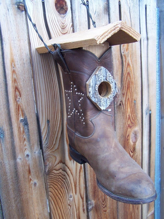 Items similar to cowboy boot bird house with bark entry on Etsy