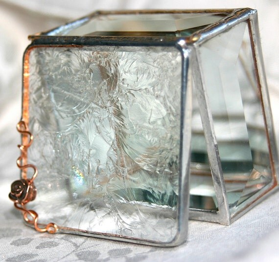 Clear Glue Chip 2x2 Stained Glass Ring Box w/ Pewter Cast Rose