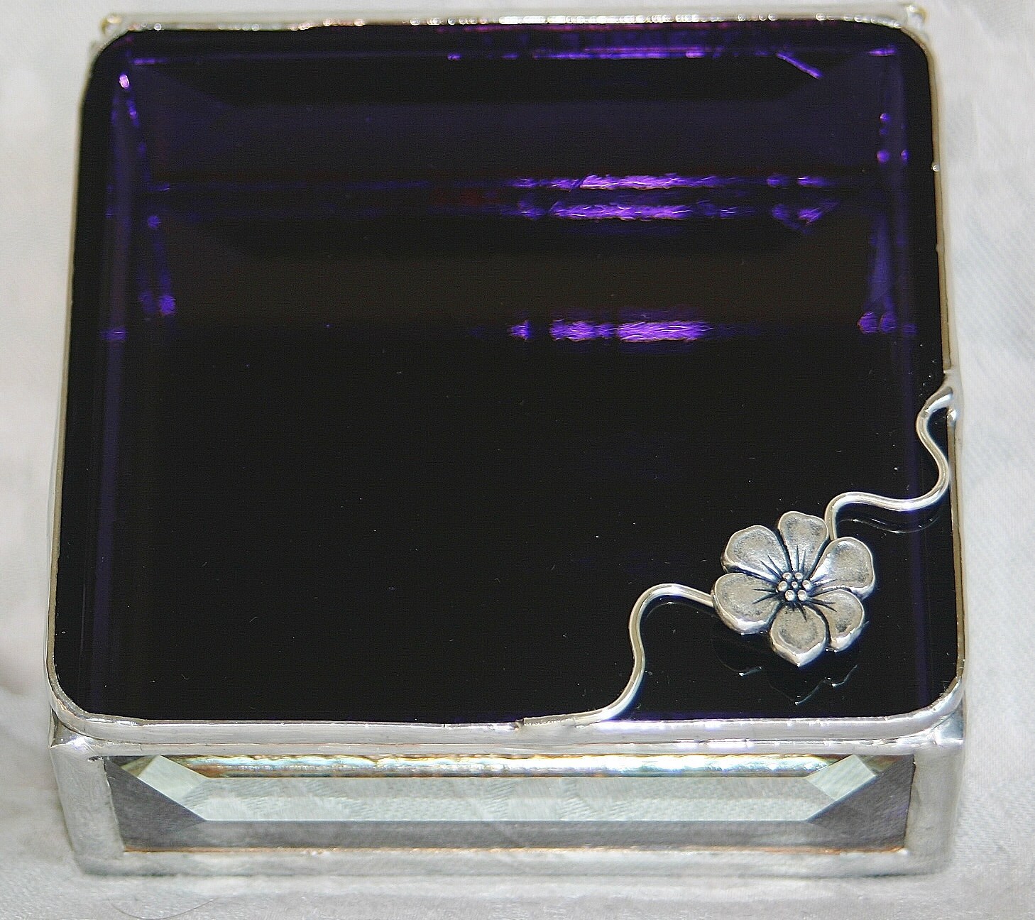 Stained Glass Jewelry Box Vivid Purple 3x3 w/ Pewter Apple