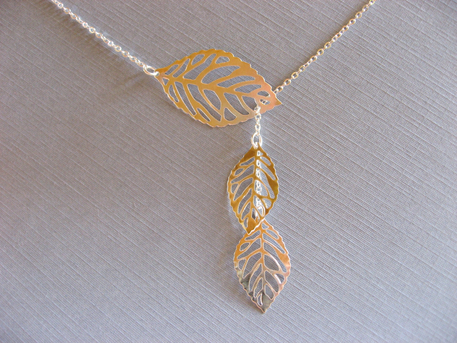 Silver Leaf Necklace Lariat Necklace Three Leaf Pendant