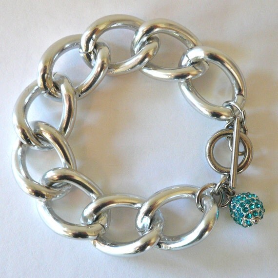 Chunky Silver Chain Link Bracelet with Turquoise Crystal Pave