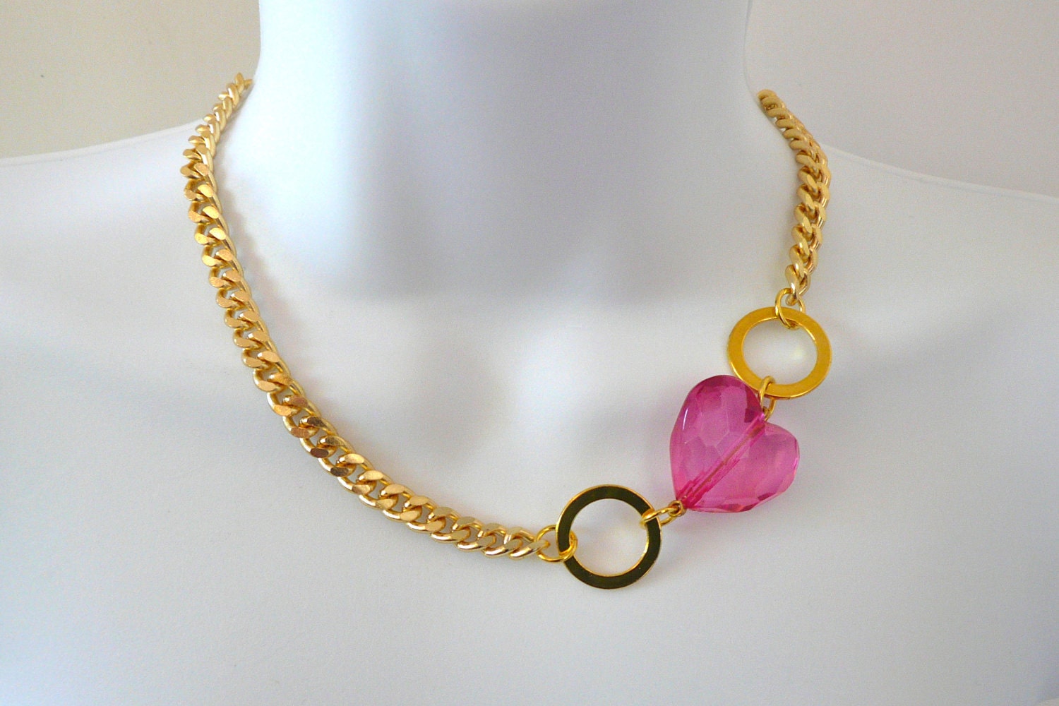 Gold Chain Link Necklace with Hot Pink Faceted Heart