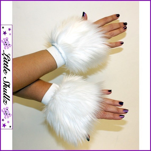UV White Furry fluffy Wrist Cuffs hand warmers Fluffies