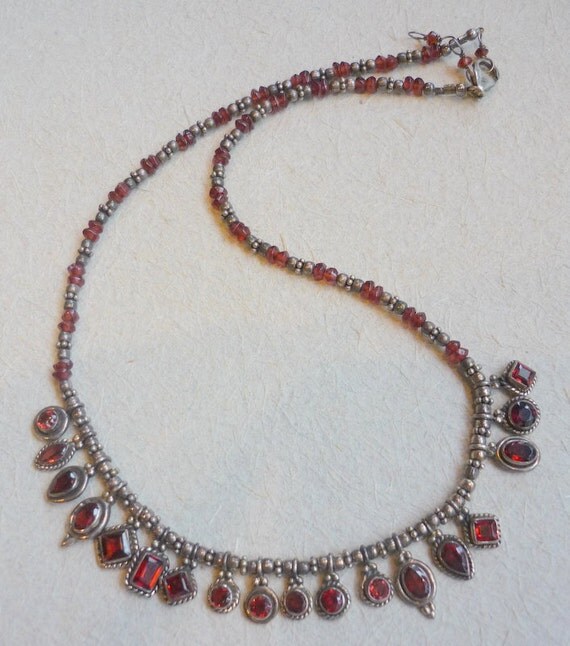 Oxidized sterling silver garnet stone necklace by Ellishshop