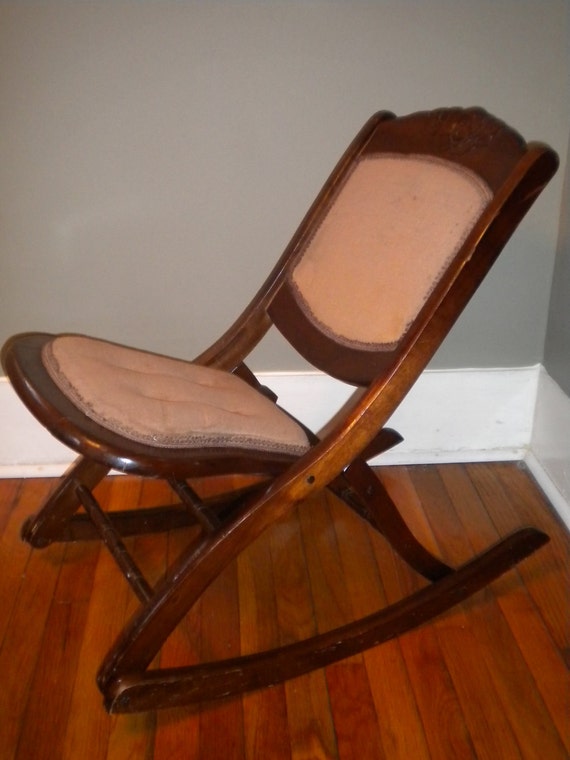 Items similar to Antique Upholstered Folding Wood Rocking Chair on Etsy