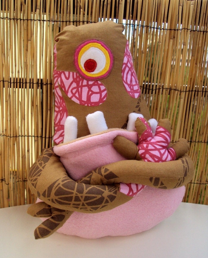 Monster pillow plush big mouth long arms pink brown