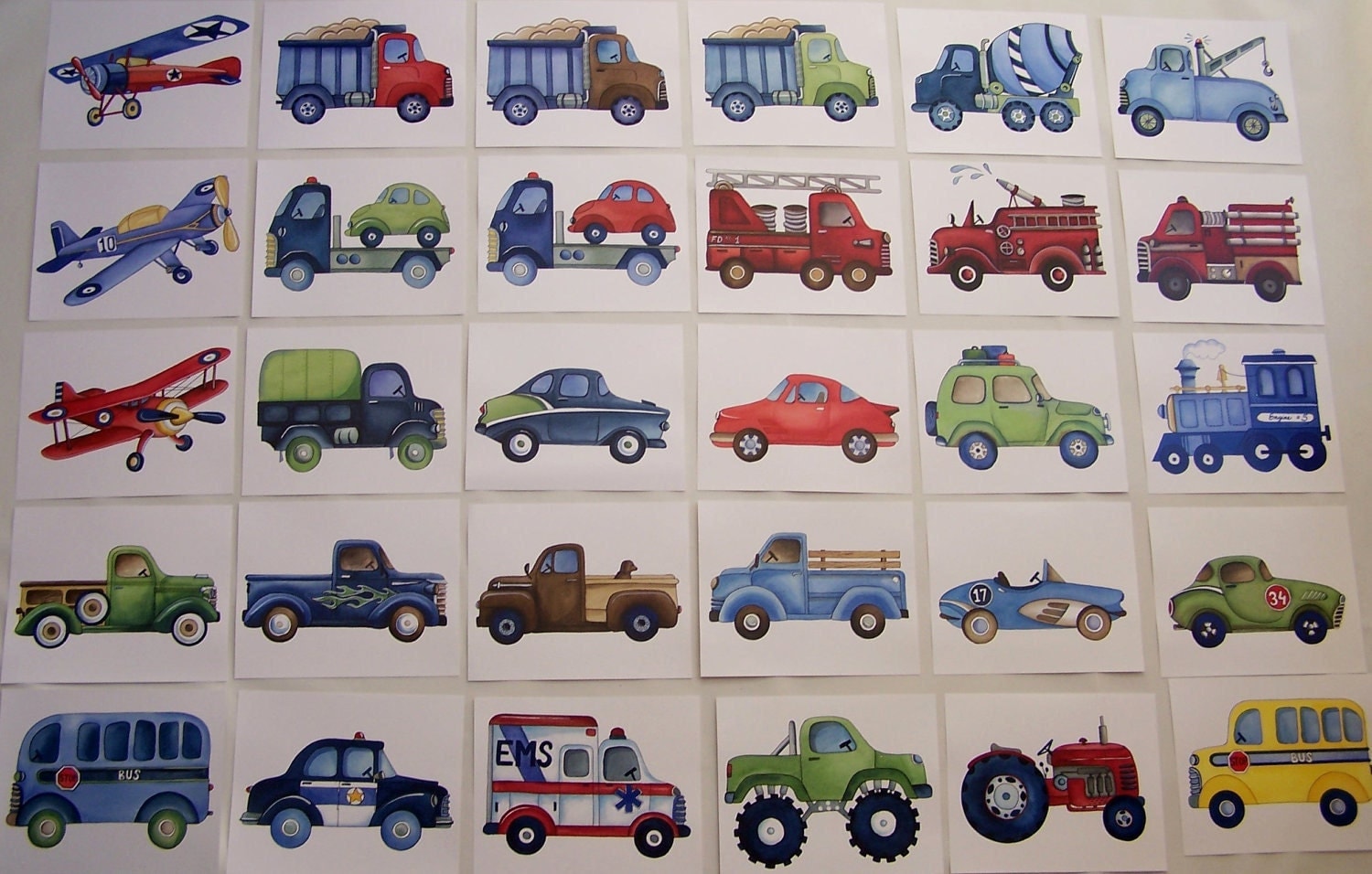 6 transportation boys wall art prints, baby nursery cars trucks airplanes art,construction trucks kids nursery prints