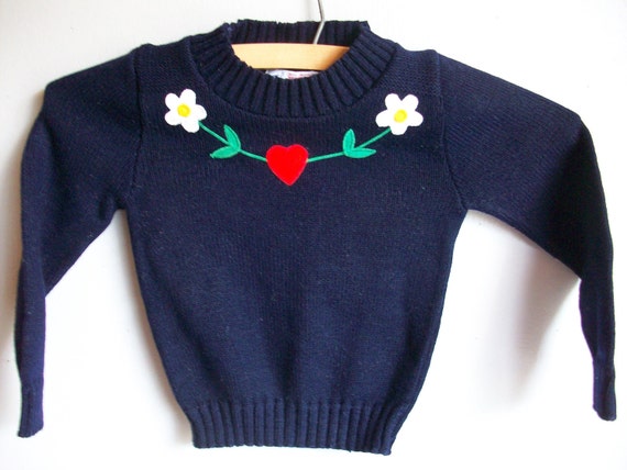 Vintage Florence Eiseman Sweater with Heart and Daisy Applique