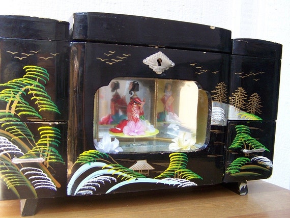 Vintage Black Japanese Music Jewelry Box-Geisha