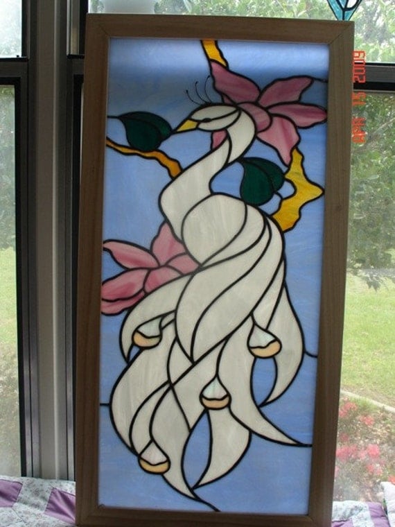 Framed White Peacock Stained Glass Panel