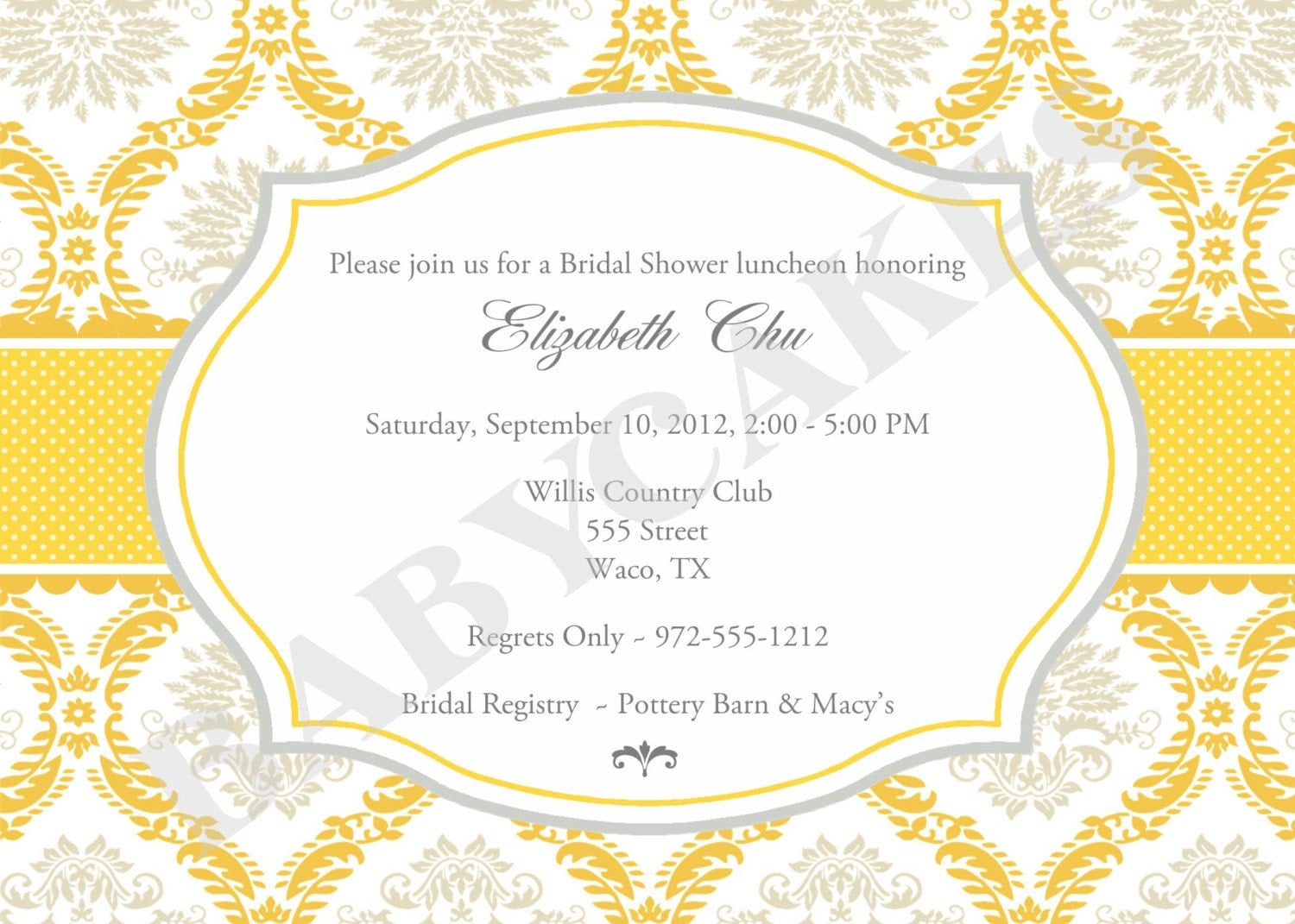 Damask Bridal Shower Invitation Yellow Grey Gray by jcbabycakes