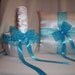 White Satin With Cornflower Blue Trim Flower Girl Basket And Ring Bearer Pillow