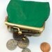 Irish green leather handmade coin purse with matte gold kiss lock frame.
