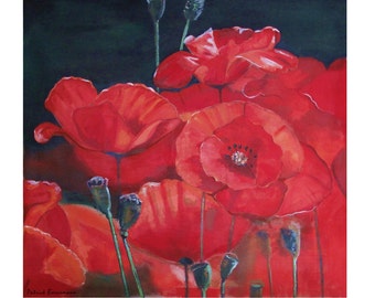 Bouquet Red Poppies, Blooming Flower Coquelicots, Original illustration Artist Print Wall Art, Free Shipping in USA.