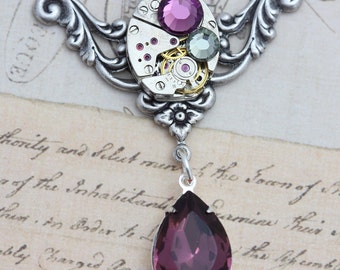 Steampunk Jewelry Purple Necklace Steam punk Necklace Amethyst Necklace Unique Jewelry Gift Swarovski Crystal Necklace Silver Watch Necklace