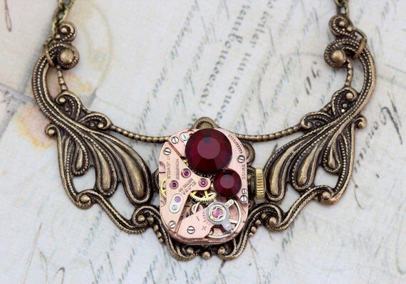 Steampunk Necklace Steam Punk Jewelry Red Garnet Antique