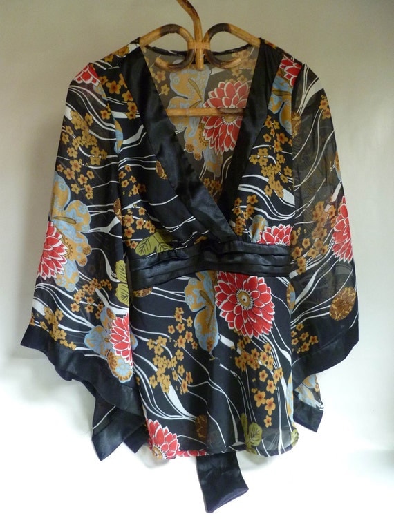 Japanese Kimono style Blouse Silky sheer back by RebeccasVGVintage