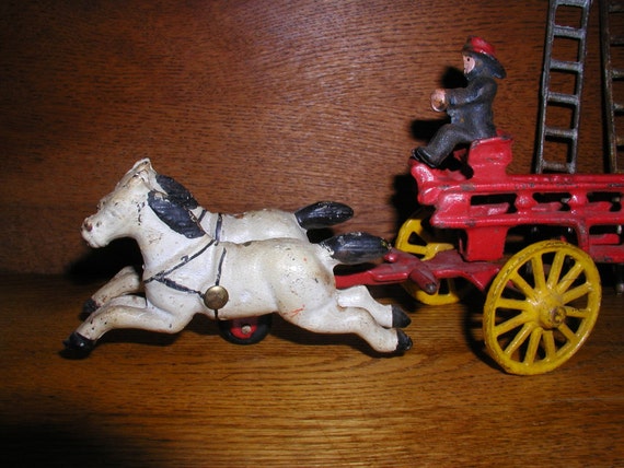 Vintage Cast Iron Fire Truck W/Horses and 2 Firemen