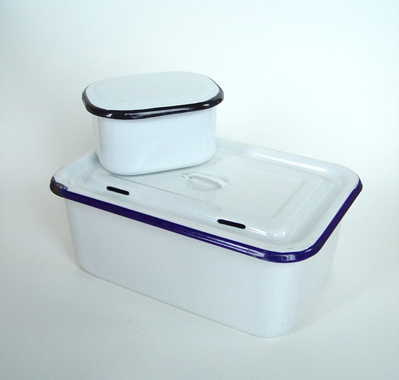 Vintage Enamelware White Pans with Lids Blue and Black Trim
